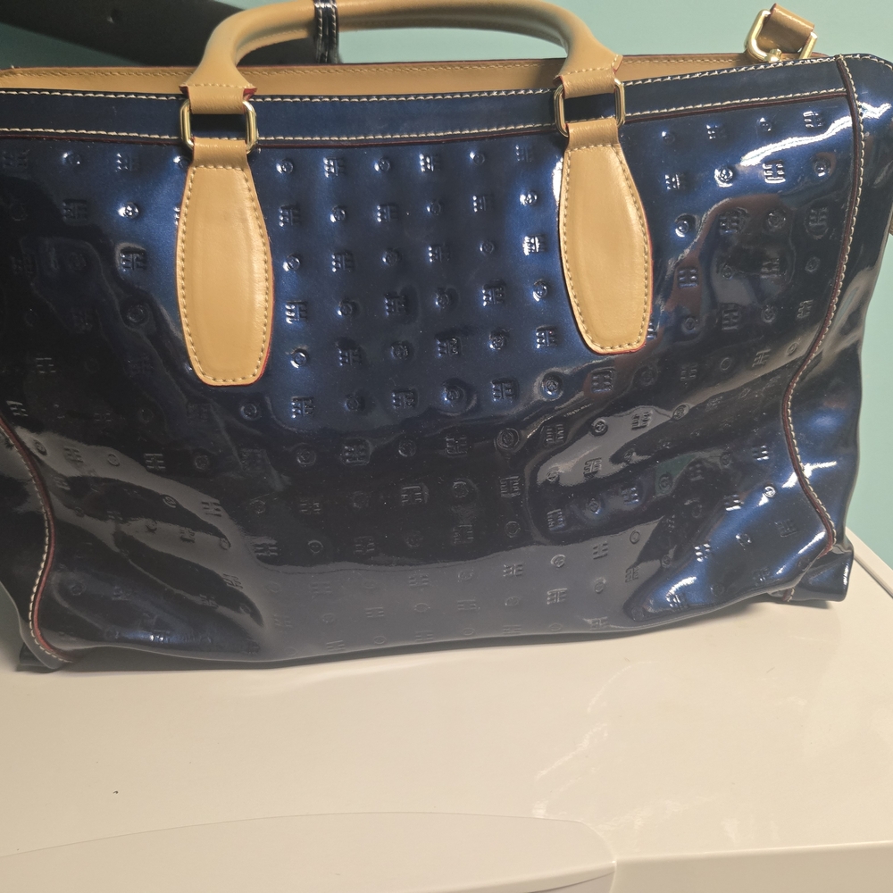 Patent Leather Tote Bag in Navy with Tan Accents
